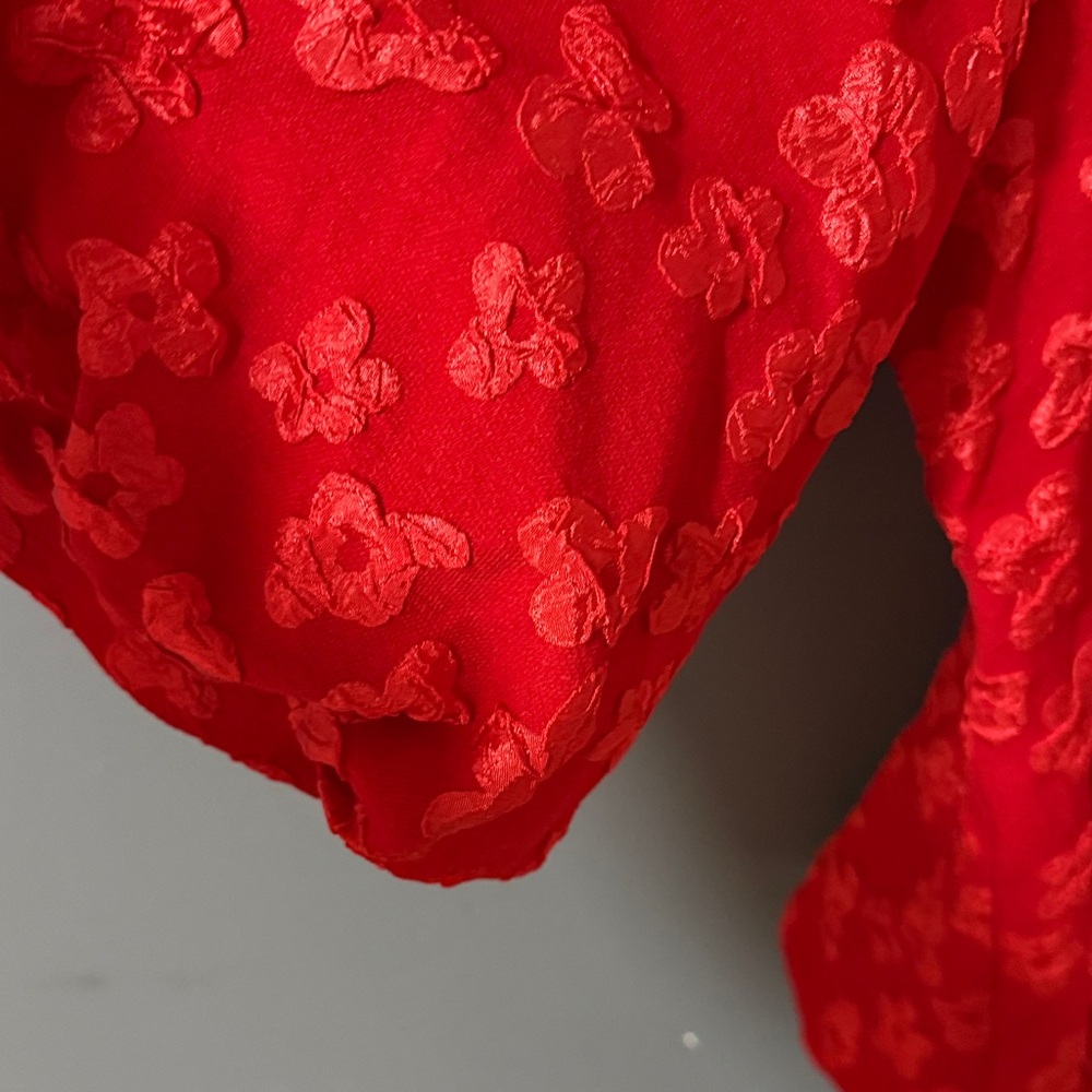 Gracia Red Puff Sleeve Floral Textured Blouse - Picture 3 of 4